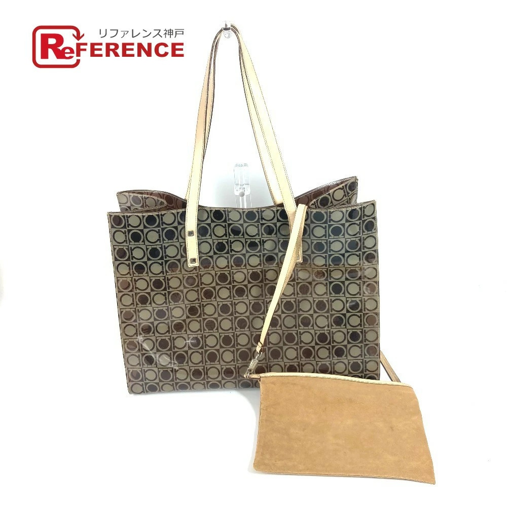 Salvatore Ferragamo beach bag Gancini logo all shoulder tote vinyl brown